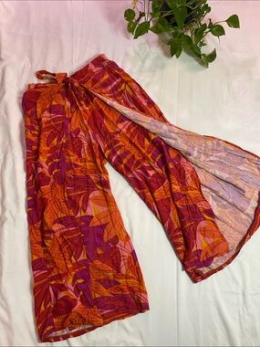 Women’s Wide-Leg Printed Jumpsuit Pants - Orange & Pink